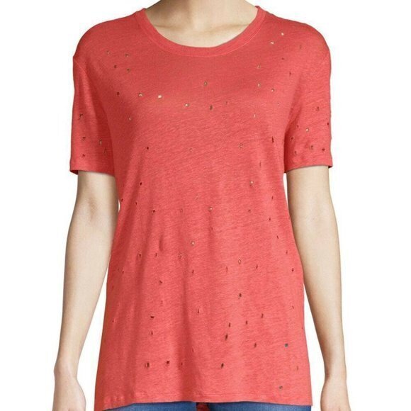IRO Distressed Clay Top 100% Linen T-Shirt Pink Coral Short Sleeve Womens Size S - Picture 1 of 7